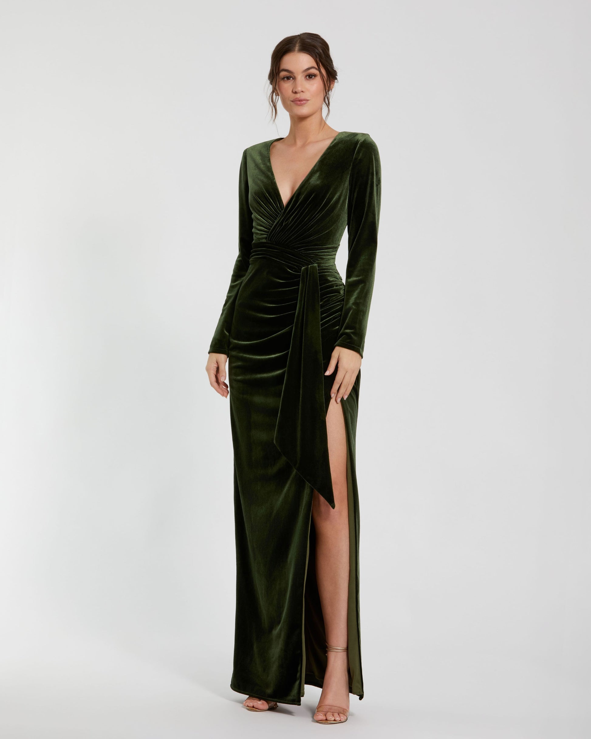 Mac Duggal #56143 Long Sleeve Deep V Draped Velvet Gown