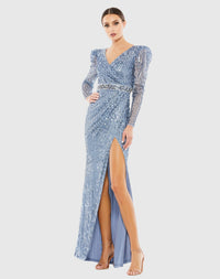 Mac Duggal #93549 Sequin Puff Sleeve Surplice Gown, Blue