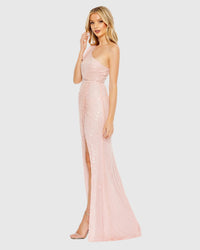 Mac Duggal #93735 Pearl Embellished Soft Tie One Shoulder Gown Pink