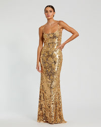 Mac Duggal #93968 Spaghetti strap sequin embellished criss cross gown - Gold