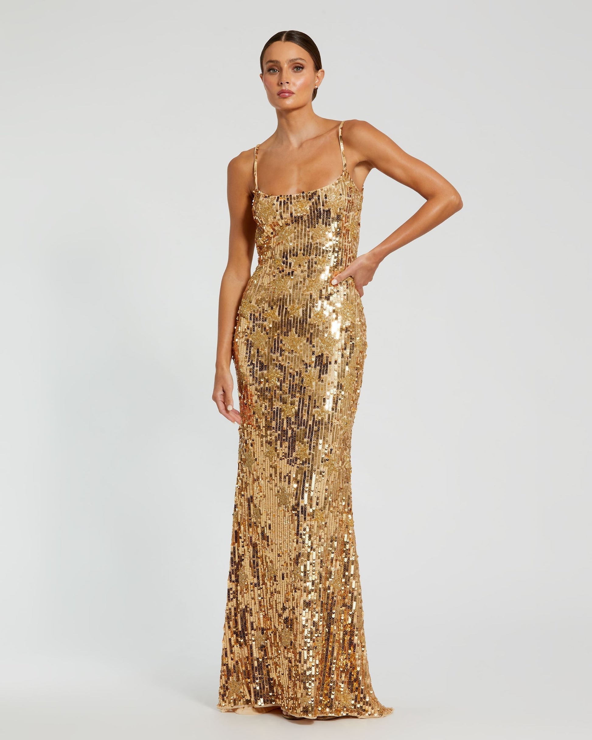 Mac Duggal #93968 Spaghetti strap sequin embellished criss cross gown - Gold