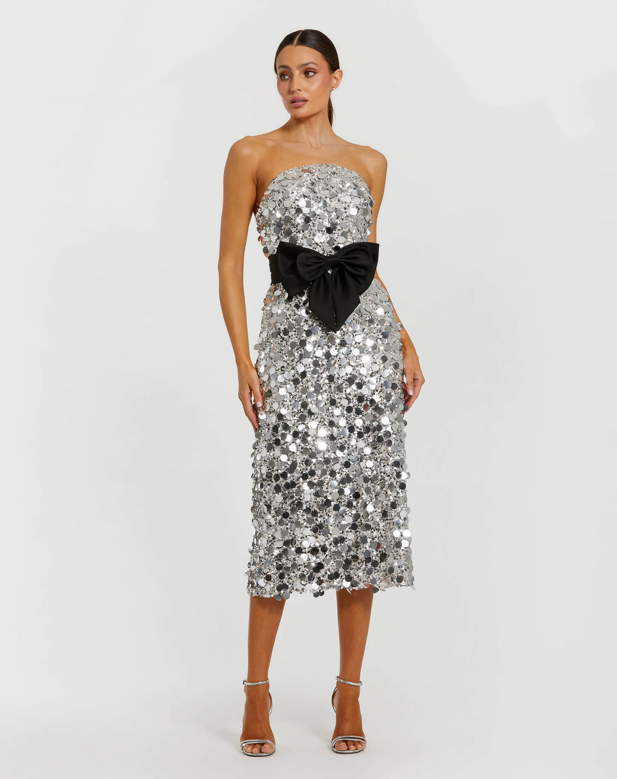 Mac Duggal Silver Strapless Paillette Column Midi Dress With Bow #27735