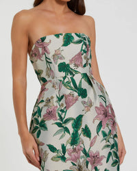 Multicolor Floral Brocade Strapless Fitted Midi Dress - Lily
