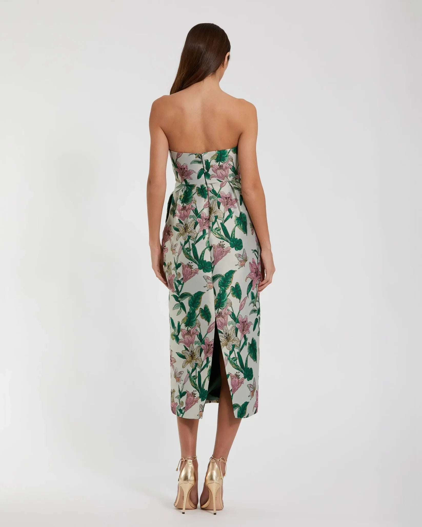 Multicolor Floral Brocade Strapless Fitted Midi Dress - Lily