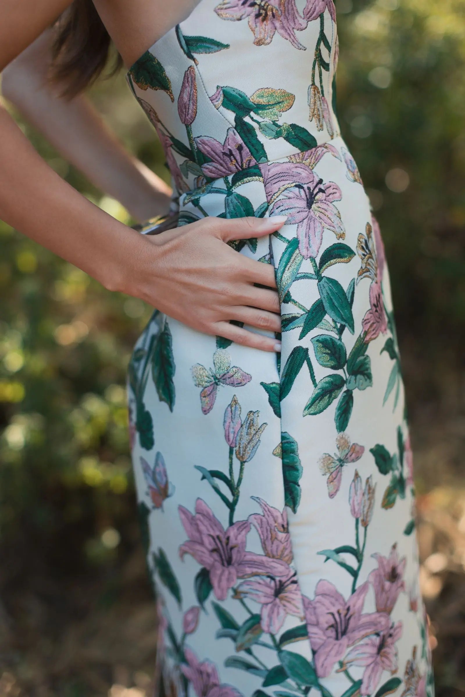 Multicolor Floral Brocade Strapless Fitted Midi Dress - Lily