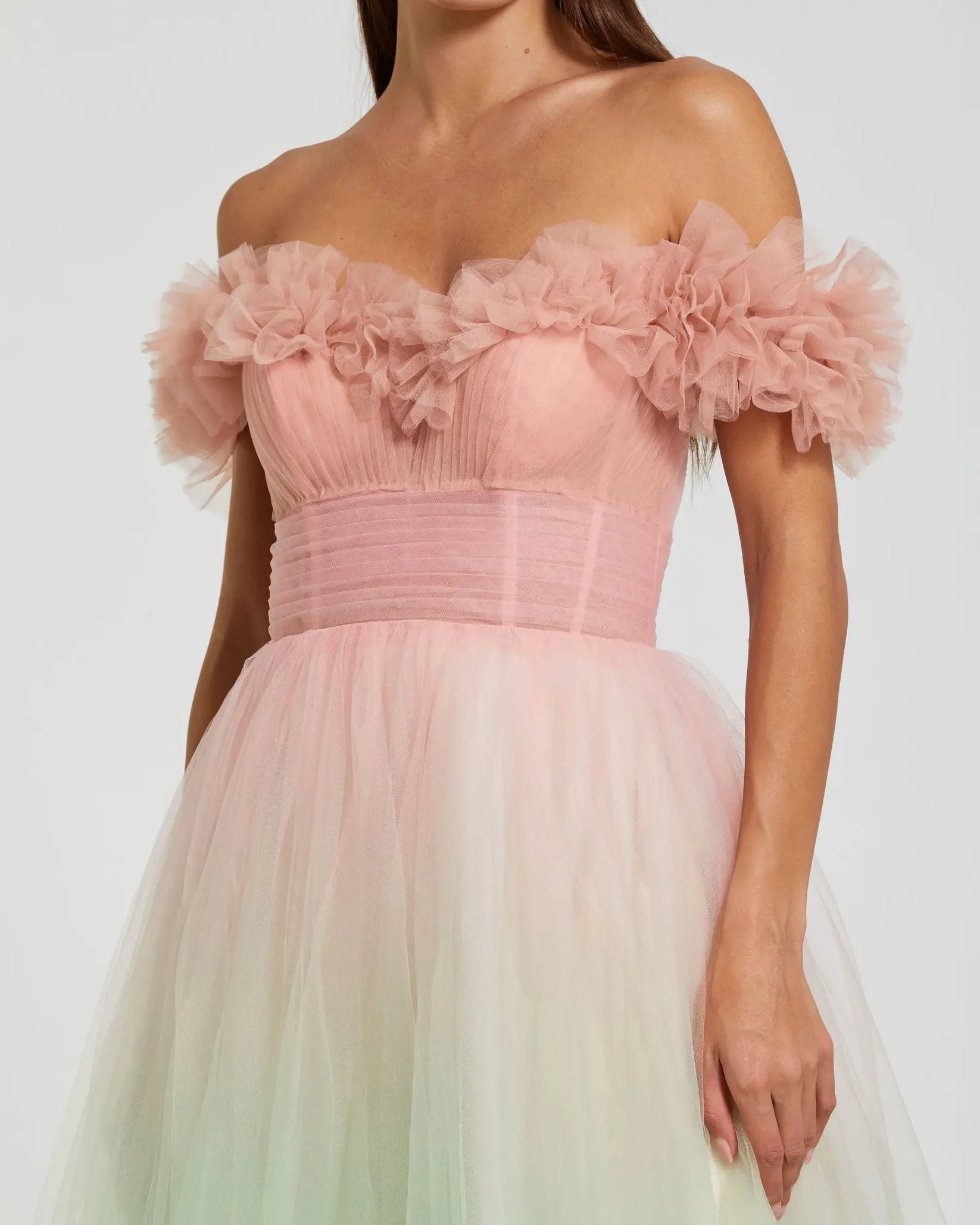 Multicolor Off The Shoulder Ombre Tulle Ballgown - Pink