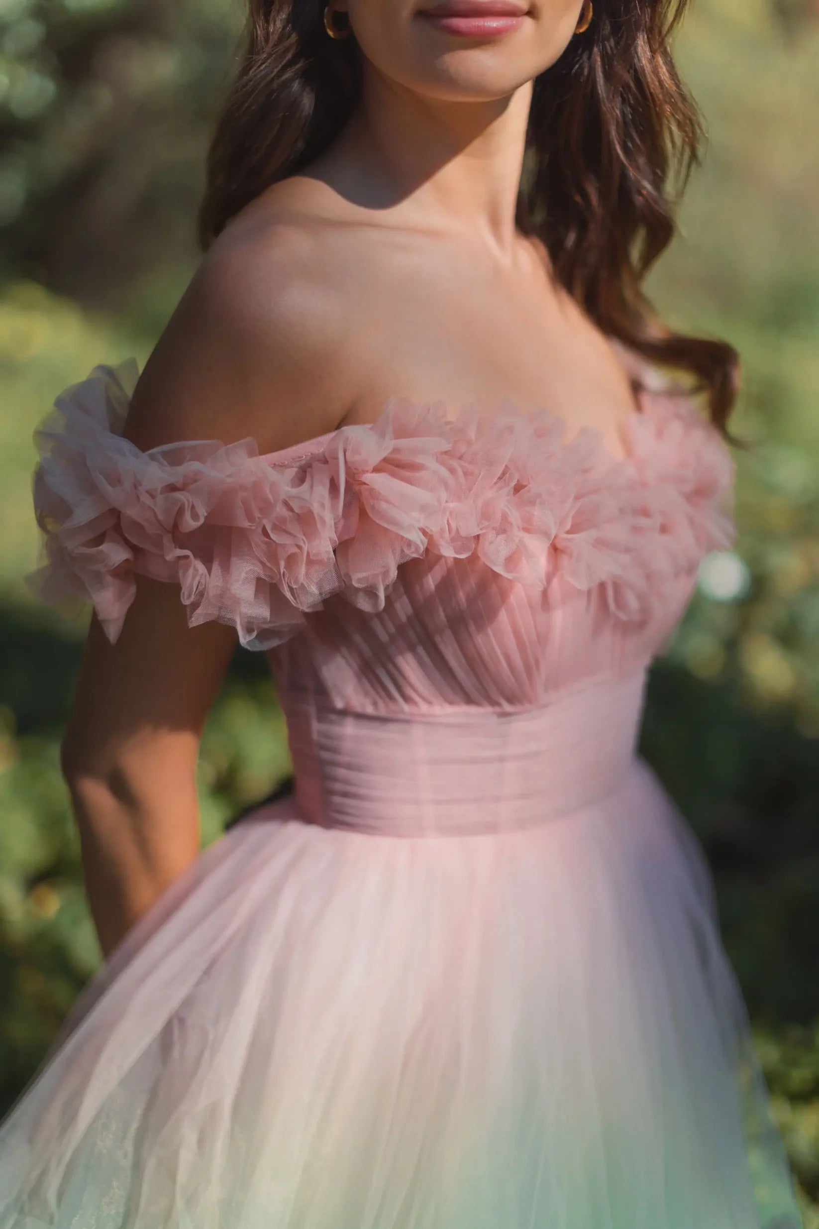 Multicolor Off The Shoulder Ombre Tulle Ballgown - Pink
