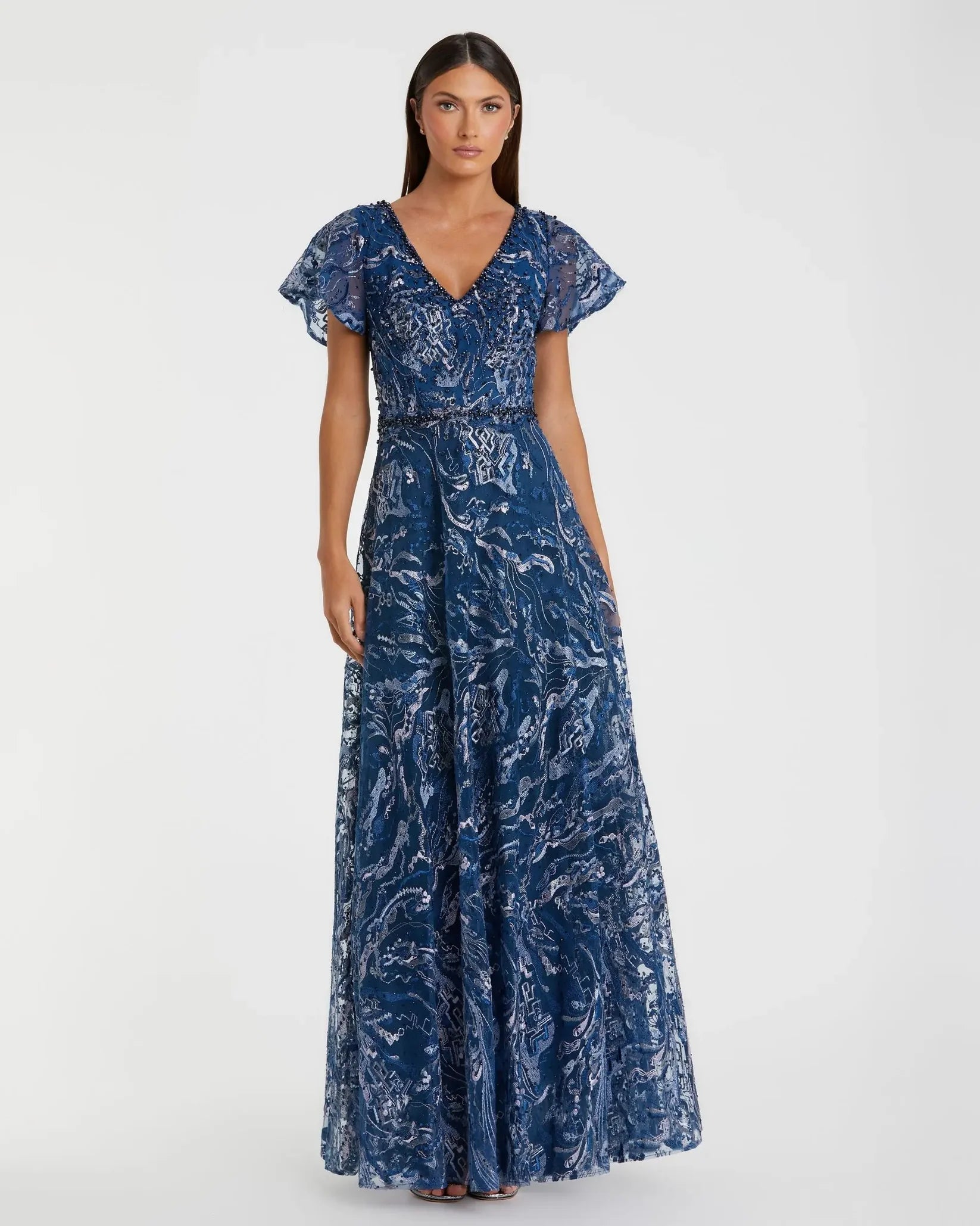 Mac Duggal Navy Embellished Illusion Butterfly Sleeve A-Line Gown #20301 Navy