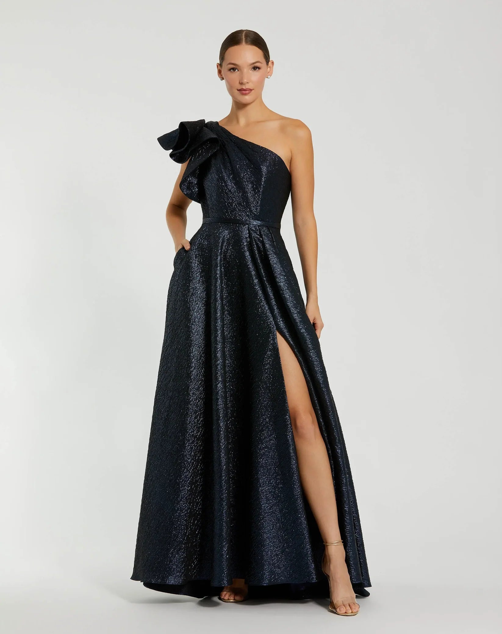 Mac Duggal One Shoulder Metallic Ballgown #67297 Midnight Navy