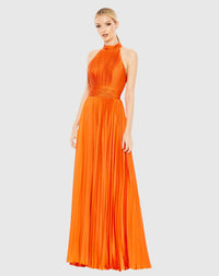 Mac Duggal Pleated High Neck Satin Sleeveless Halter Gown #26992 Orange