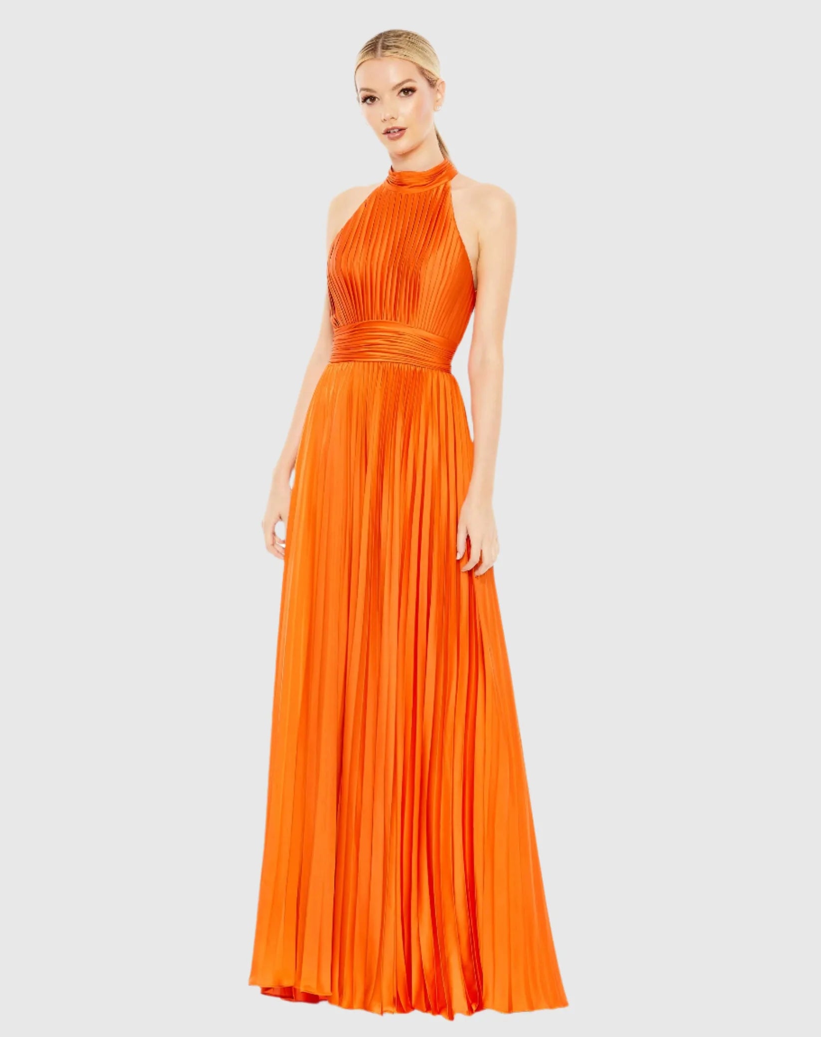 Mac Duggal Pleated High Neck Satin Sleeveless Halter Gown #26992 Orange