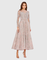 Mac Duggal Pink Embellished Bow Belt Illusion Long Sleeve A Line Dress  #20337 Rose Pink |