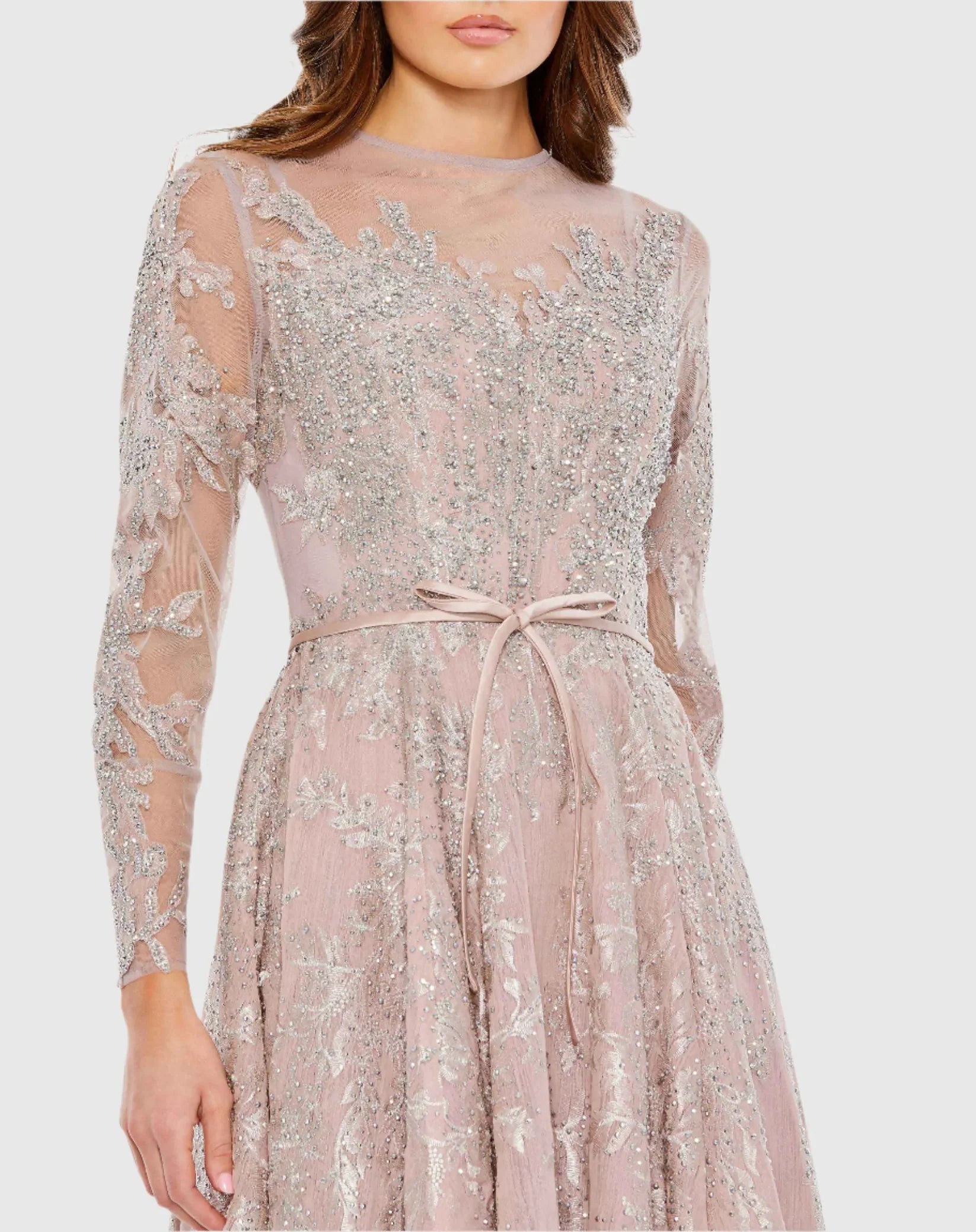 Embellished Bow Belt Illusion Long Sleeve A Line Dress - Rose