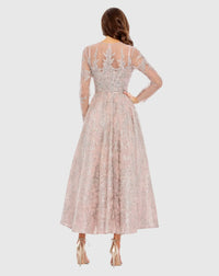 Embellished Bow Belt Illusion Long Sleeve A Line Dress - Rose