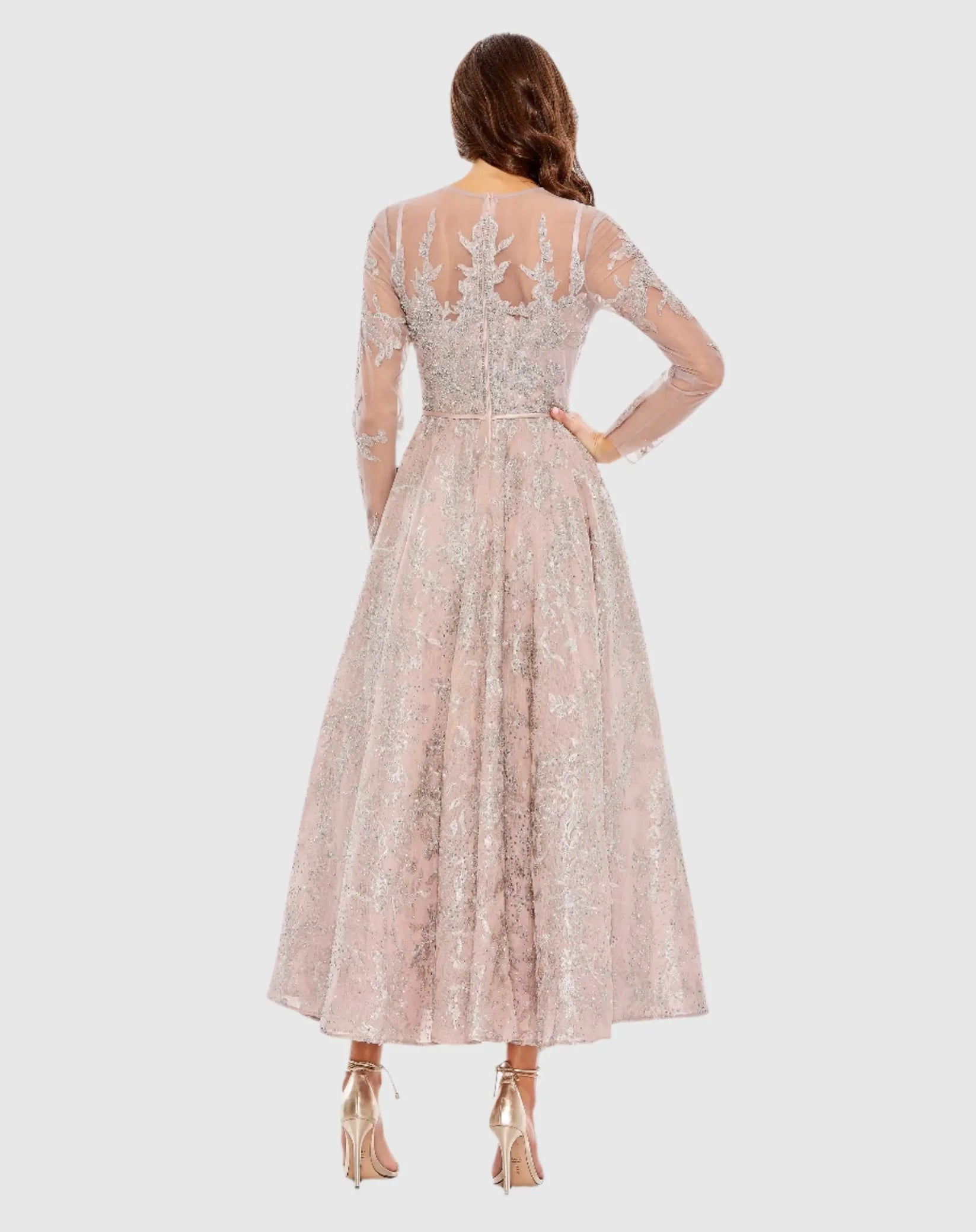 Embellished Bow Belt Illusion Long Sleeve A Line Dress - Rose