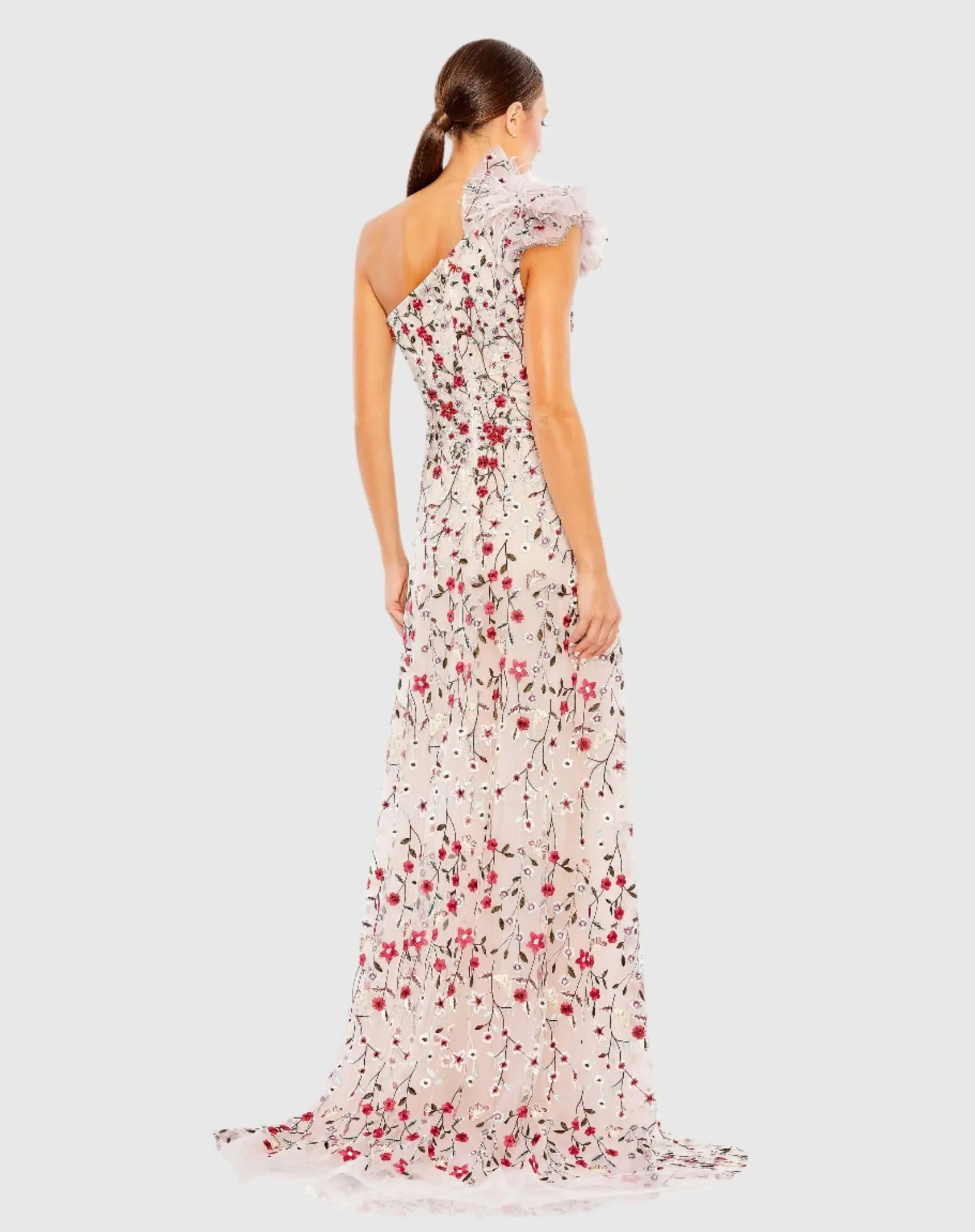 Embellished One Shoulder A Line Floral Gown - Rose