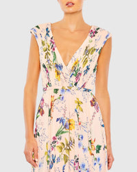 Multicolor Pleated Floral Cap Sleeve A Line Gown - Pink