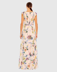 Multicolor Pleated Floral Cap Sleeve A Line Gown - Pink