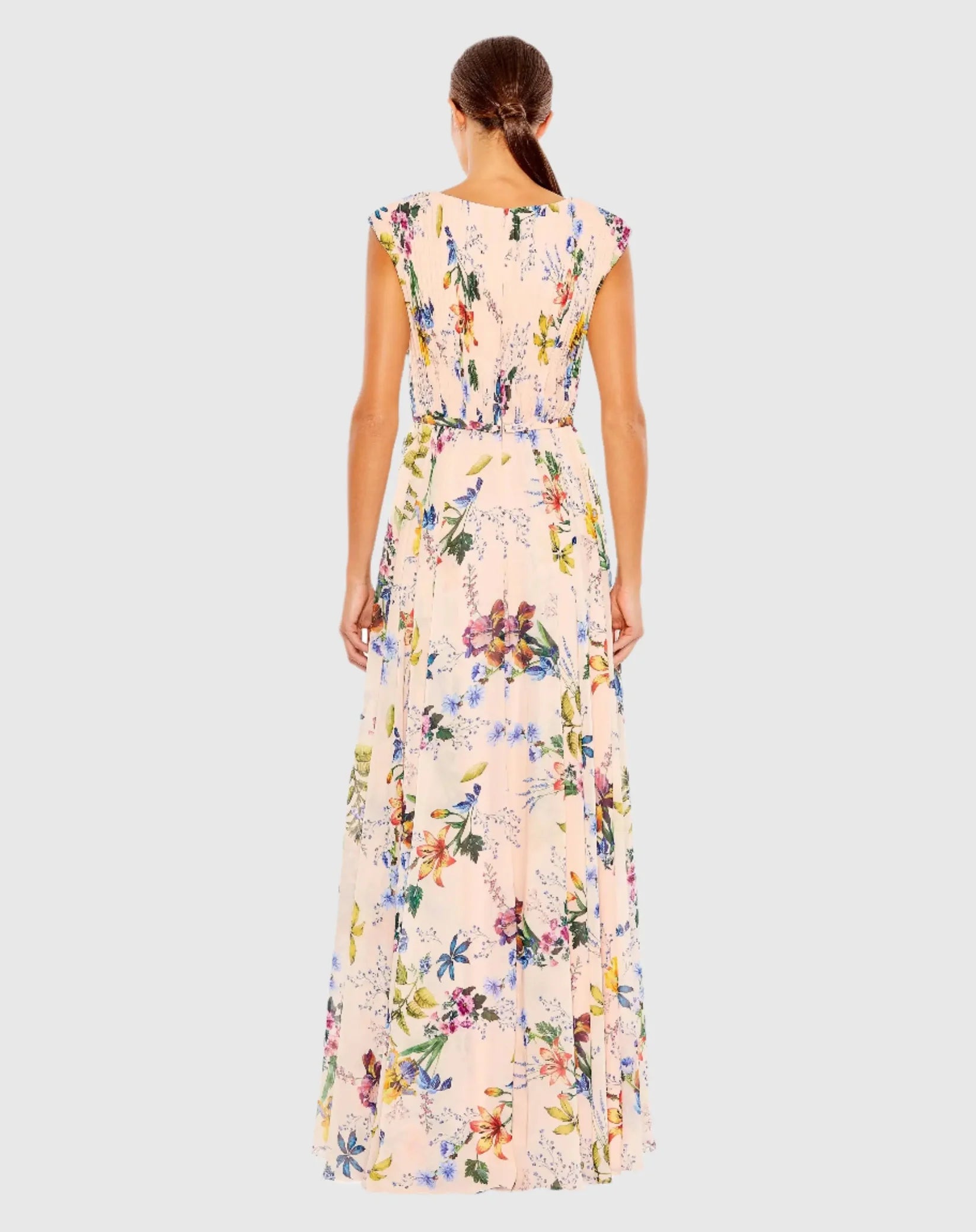 Multicolor Pleated Floral Cap Sleeve A Line Gown - Pink