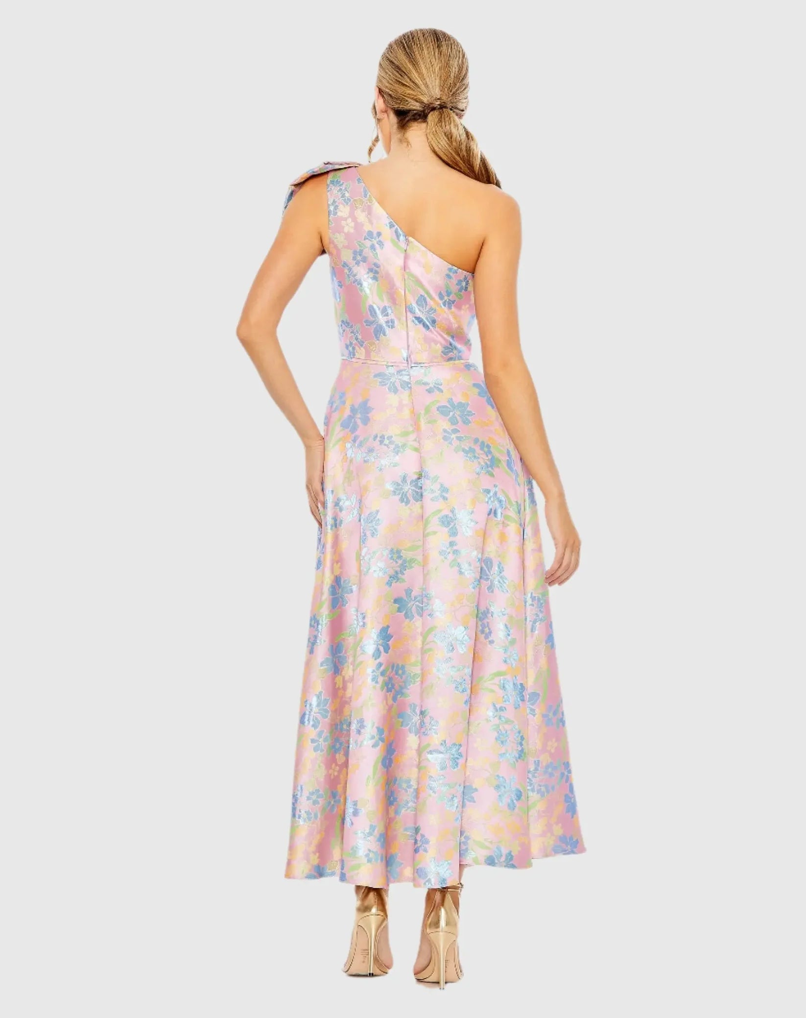 One Shoulder Embroidered Floral Gown - Pink