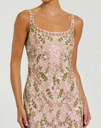 Sleeveless Hand Beaded Floral Midi Dress - Olive