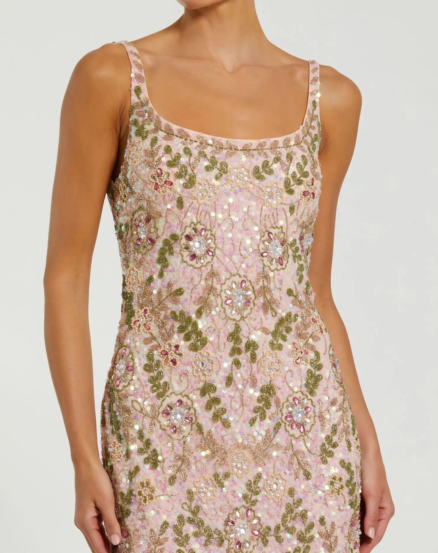 Sleeveless Hand Beaded Floral Midi Dress - Olive
