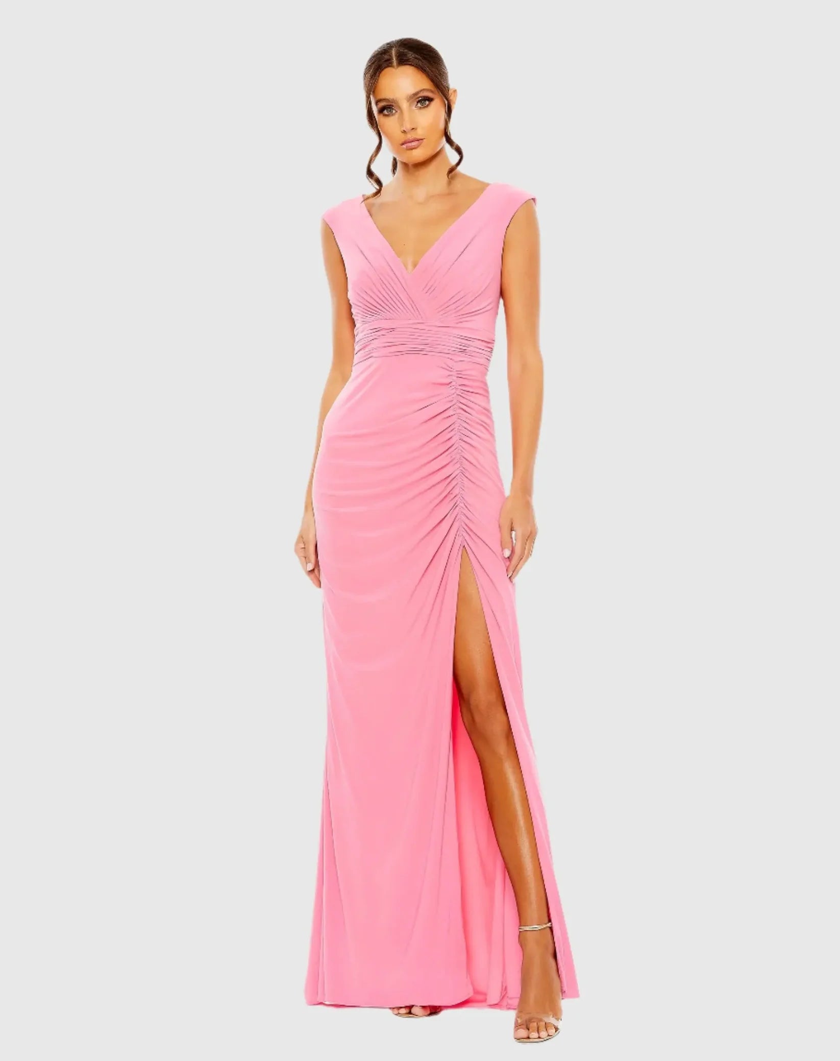 Mac Duggal Pink Sleeveless Side Ruched Slit Gown Candy Pink #A12480
