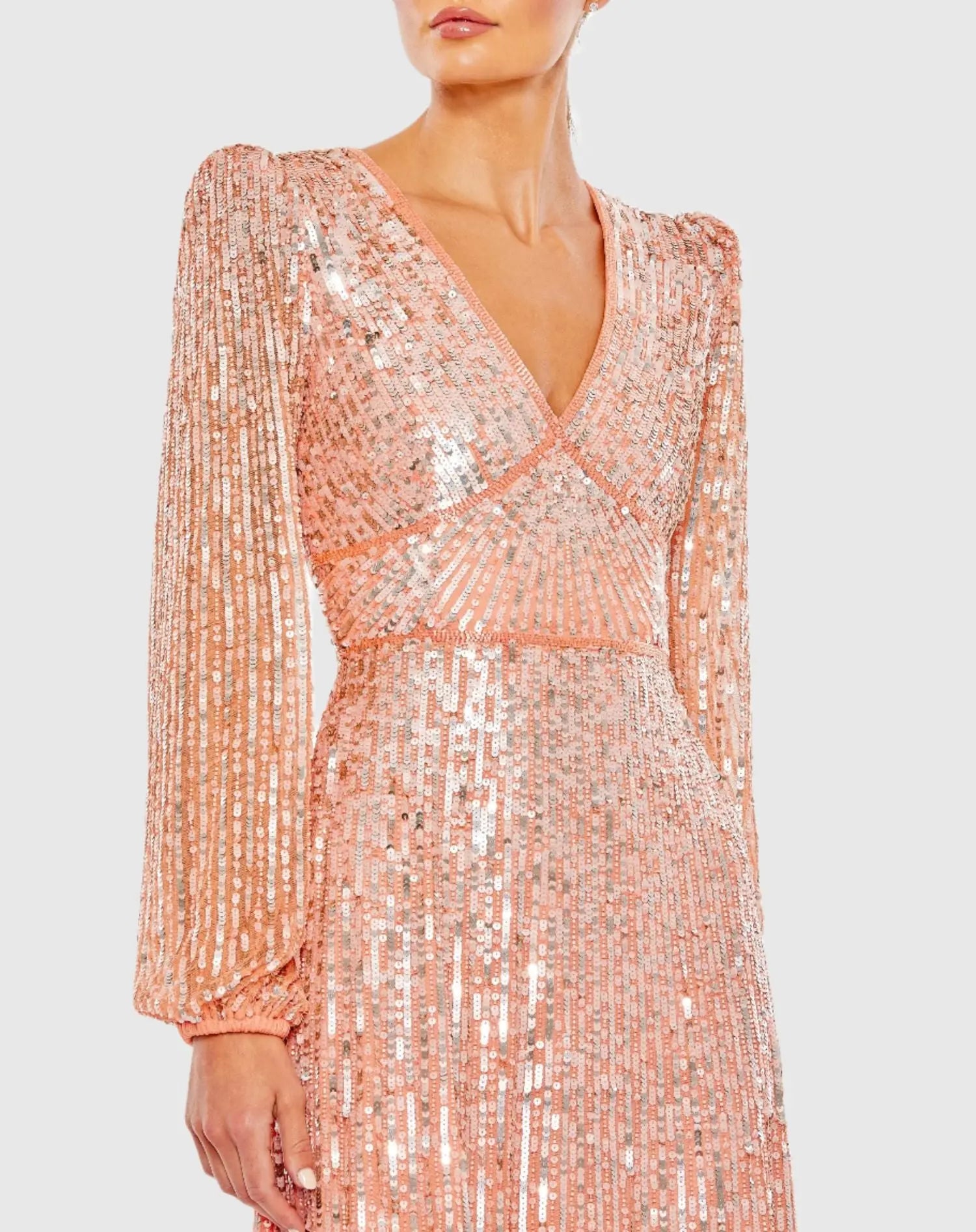 V Neck Empire Waist Puff Shoulder Sequin Embellished Gown - Peach