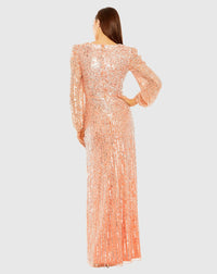 V Neck Empire Waist Puff Shoulder Sequin Embellished Gown - Peach