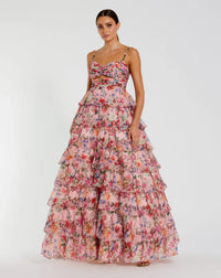 Mac Duggal Floral Cut Out Ruffle Tiered Gown #67966 Pink Multi