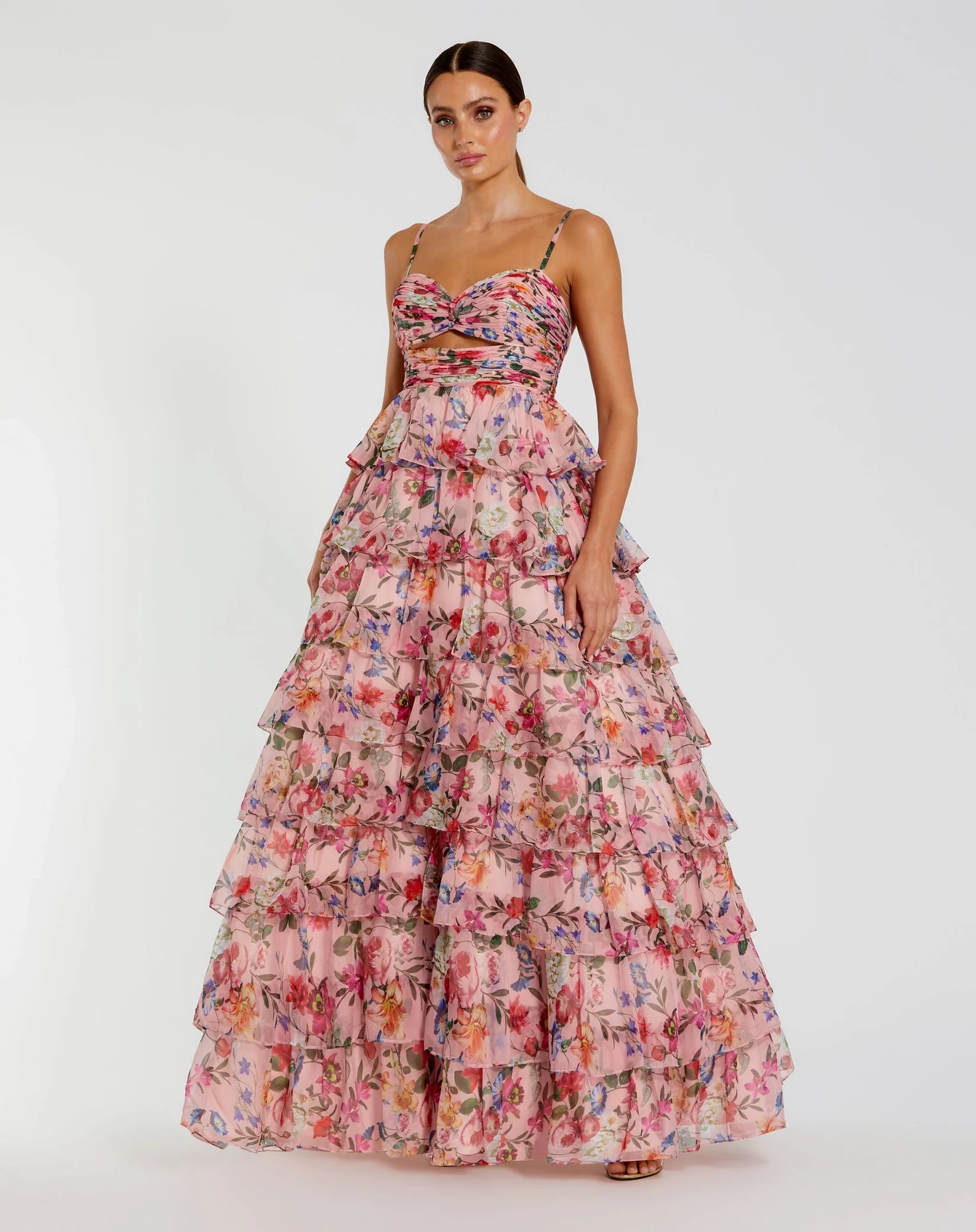 Mac Duggal Floral Cut Out Ruffle Tiered Gown #67966 Pink Multi