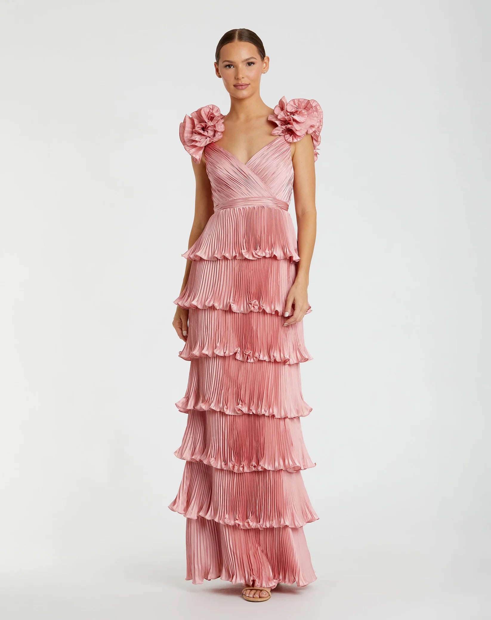 Mac Duggal Pink Pleated Charmeuse Tiered Gown With Ruffle Straps Rose #49983