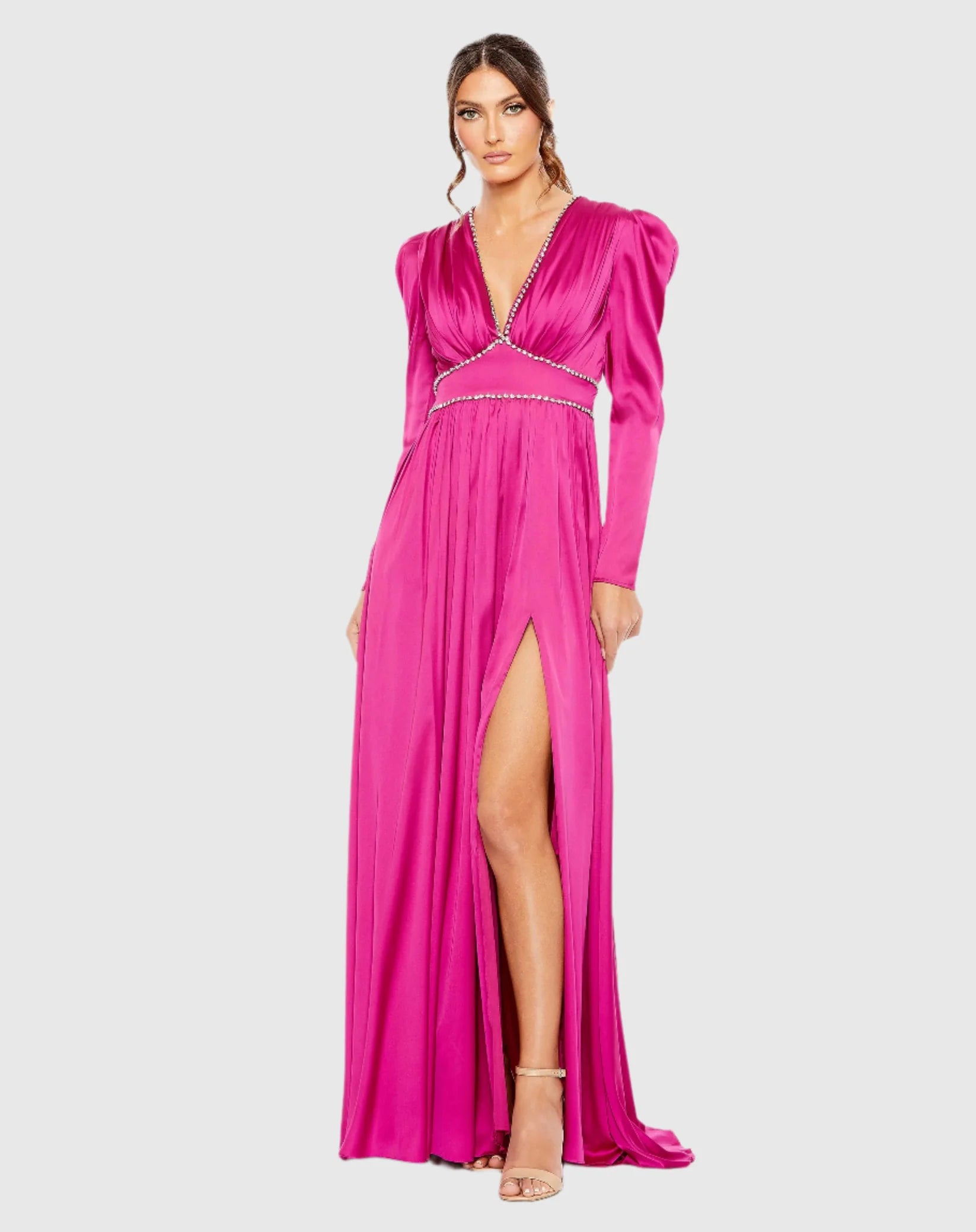 Mac Duggal Pink Rhinestone Trim Puff Sleeve Gathered Gown Magenta #55702
