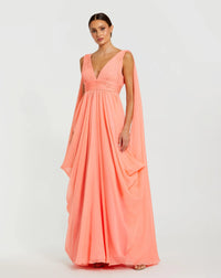 Mac Duggal Pink V-Neck A-Line Chiffon Gown with Draped Details Coral #68860