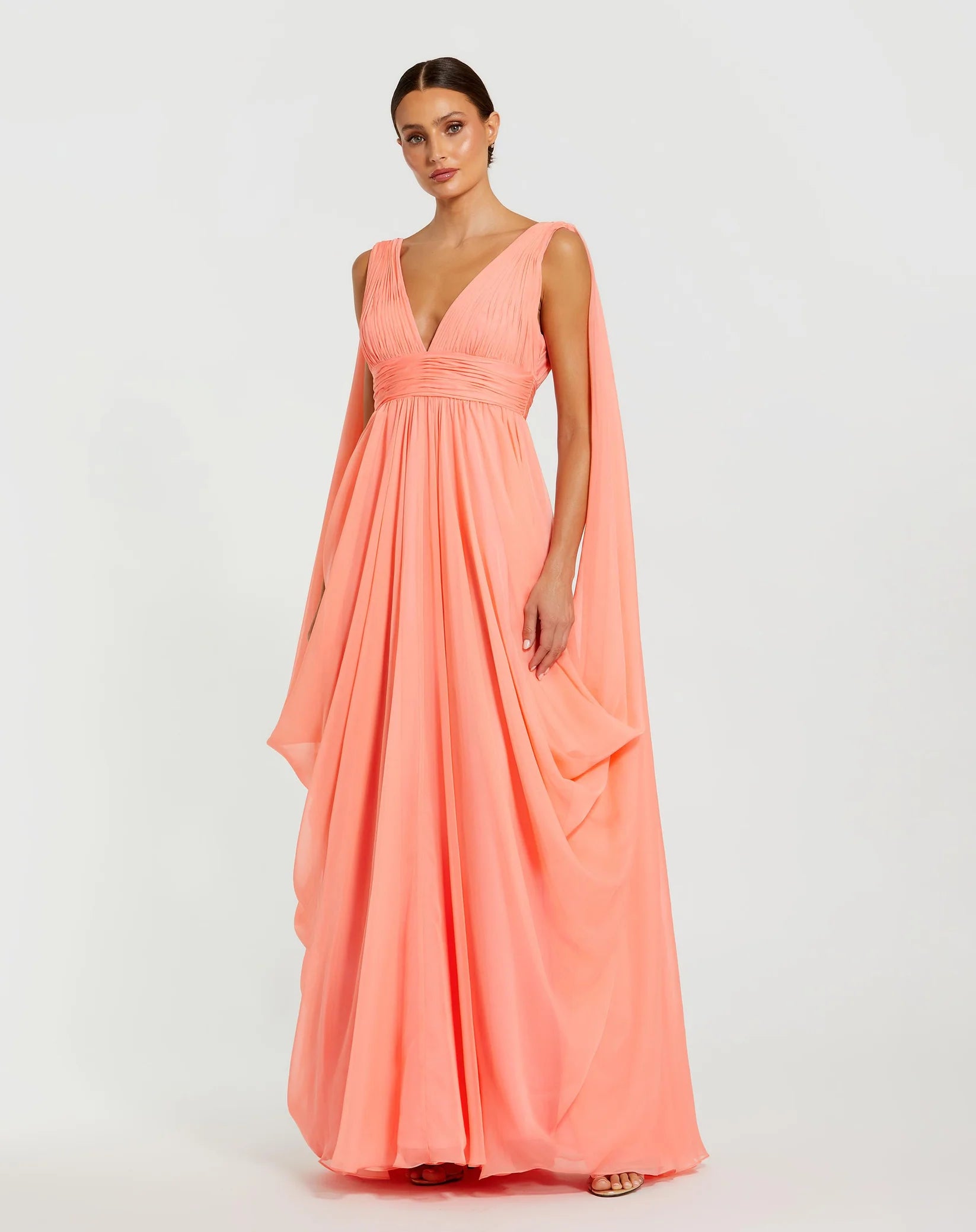 Mac Duggal Pink V-Neck A-Line Chiffon Gown with Draped Details Coral #68860