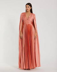 Mac Duggal Pleated Charmeuse V Neck Gown With Cape #49872 Peach