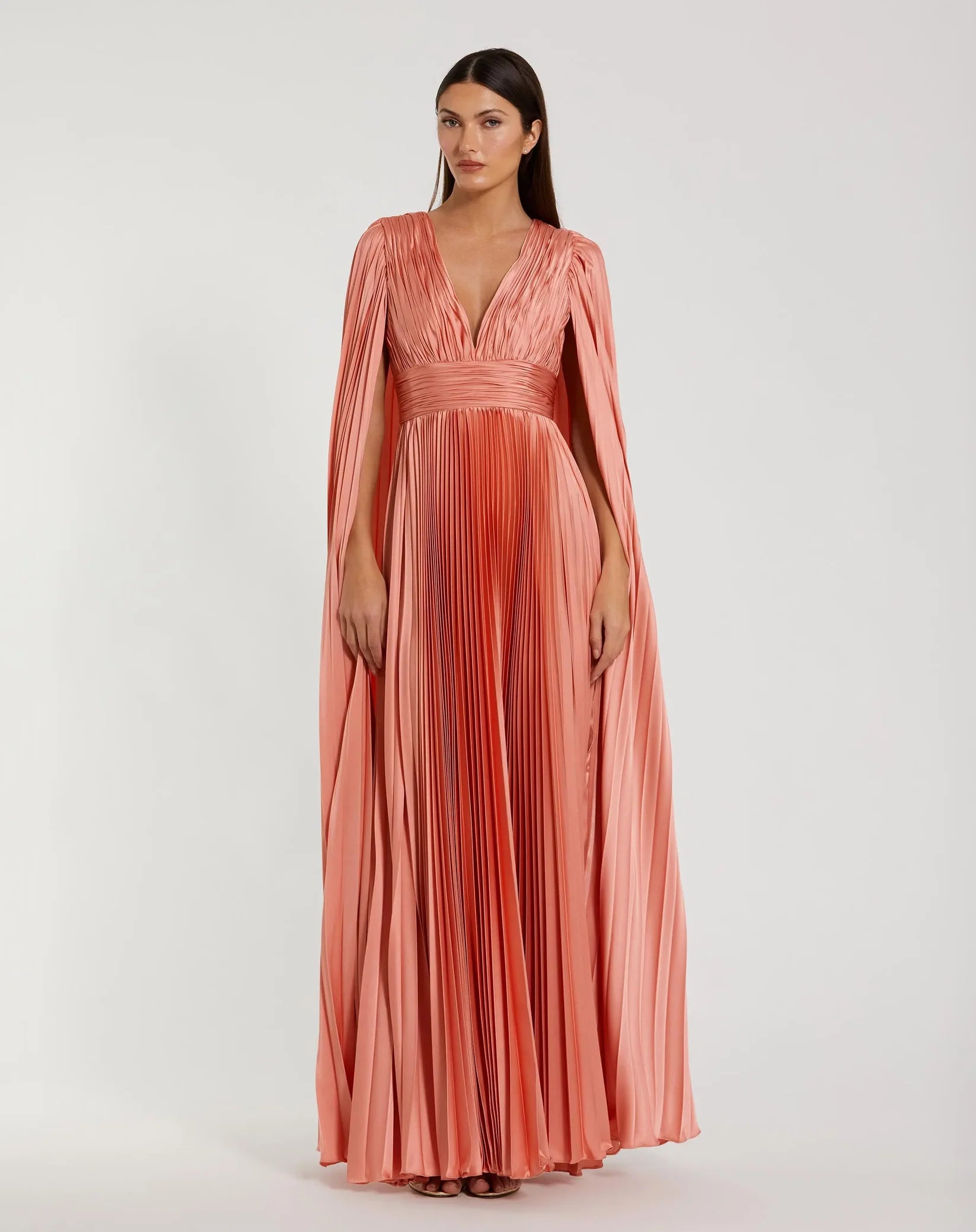 Mac Duggal Pleated Charmeuse V Neck Gown With Cape #49872 Peach
