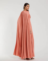 Pleated Charmeuse V Neck Gown With Cape - Peach