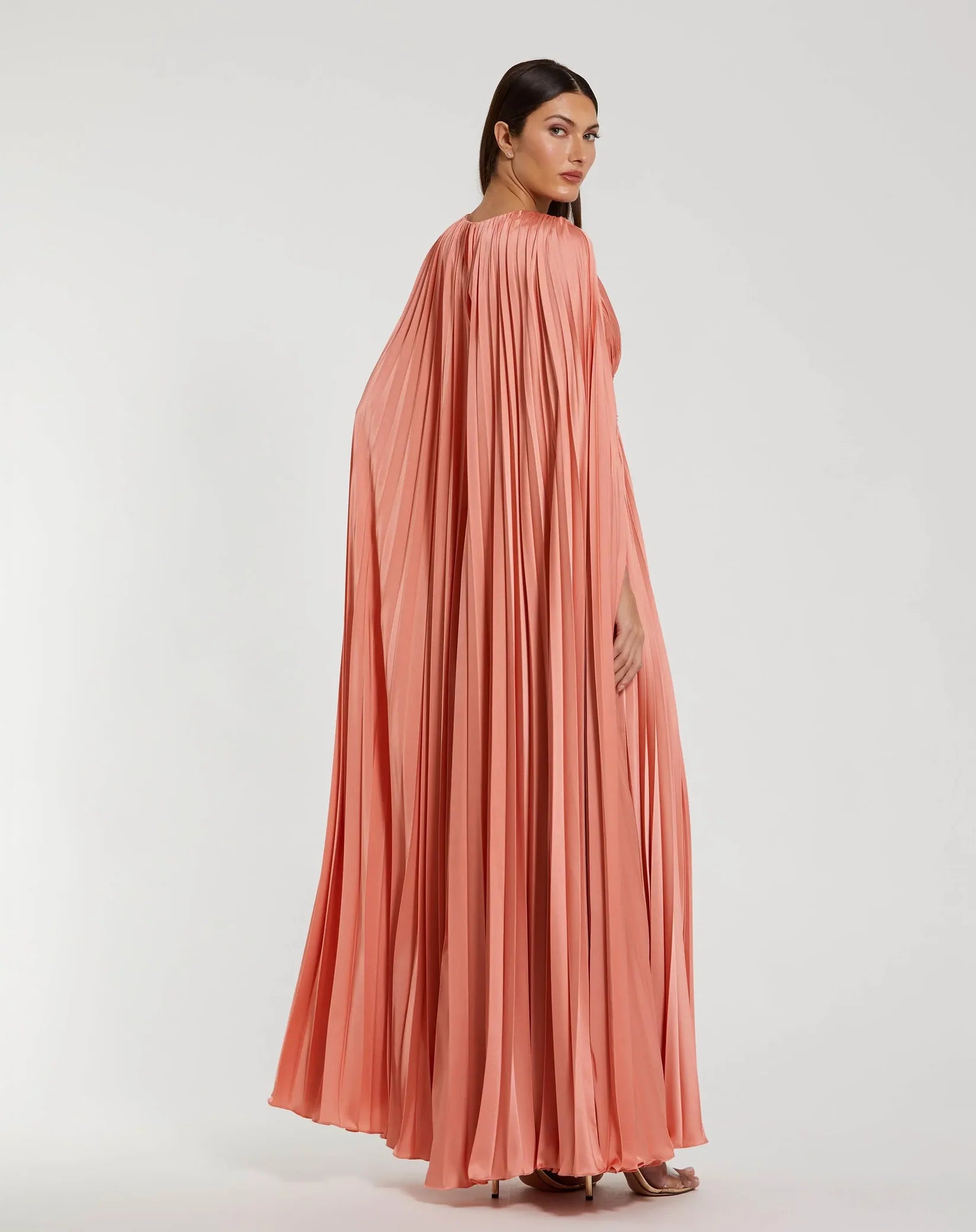 Pleated Charmeuse V Neck Gown With Cape - Peach