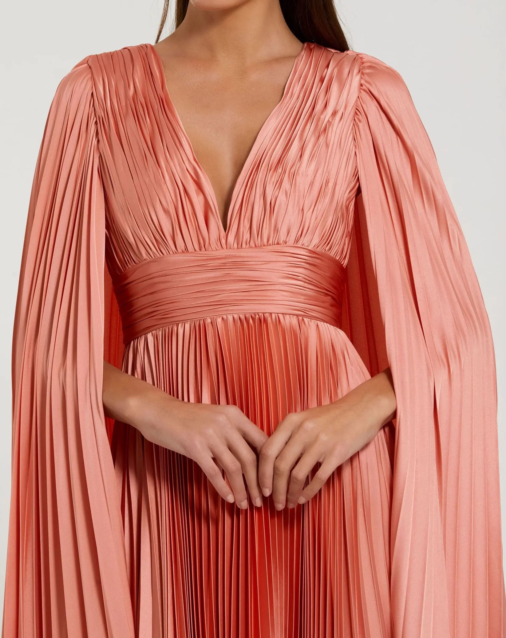 Pleated Charmeuse V Neck Gown With Cape - Peach