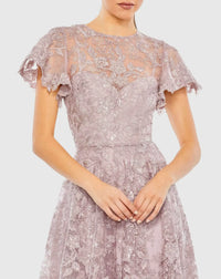 Embroidered High Neck A Line Dress - Lilac