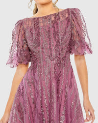 High Neck Embellished A Line Dress - Berry