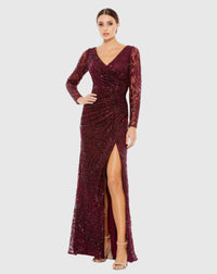 Mac Duggal Red Long Sleeve Ruched Sequined V-Neck Gown Garnet #12412