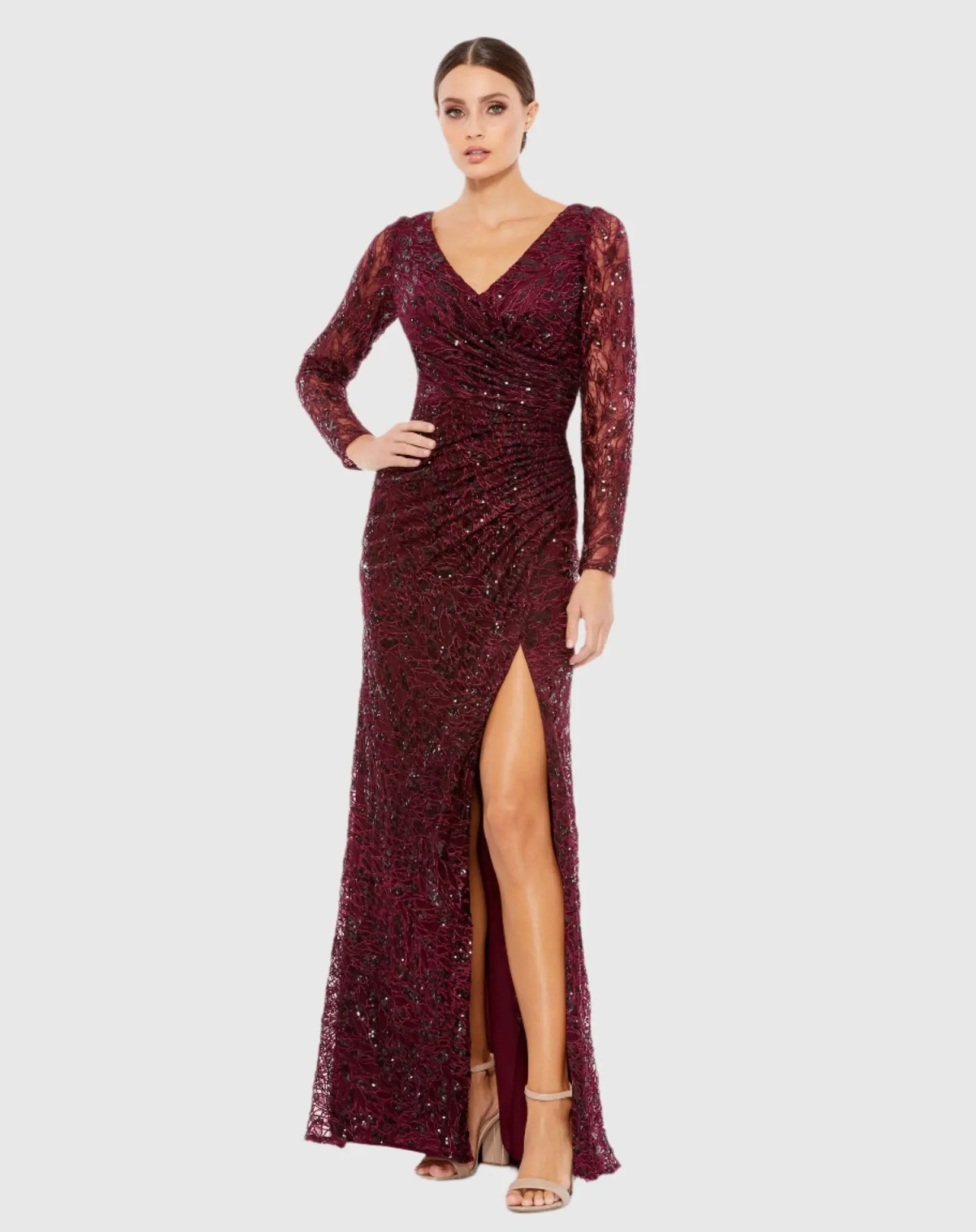 Mac Duggal Red Long Sleeve Ruched Sequined V-Neck Gown Garnet #12412
