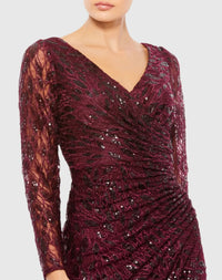 Long Sleeve Ruched Sequined V-Neck Gown - Garnet