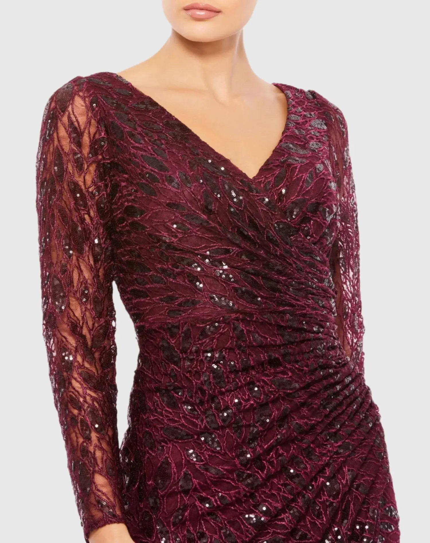 Long Sleeve Ruched Sequined V-Neck Gown - Garnet