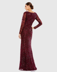 Long Sleeve Ruched Sequined V-Neck Gown - Garnet
