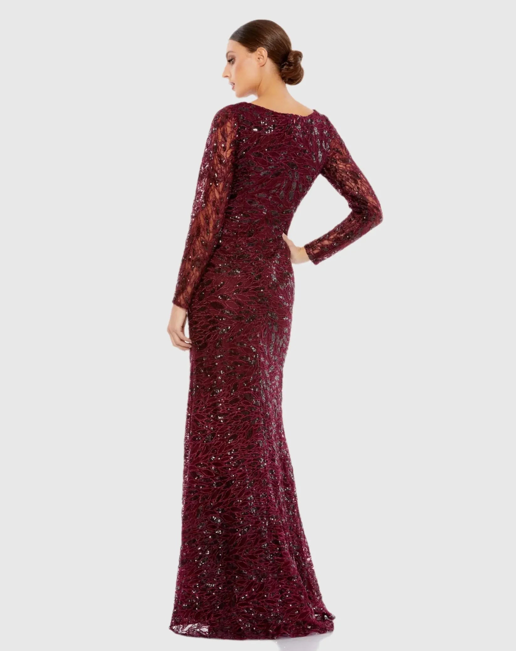 Faux Wrap Long Sleeve Gown w/ Appliqué Detail - Berry