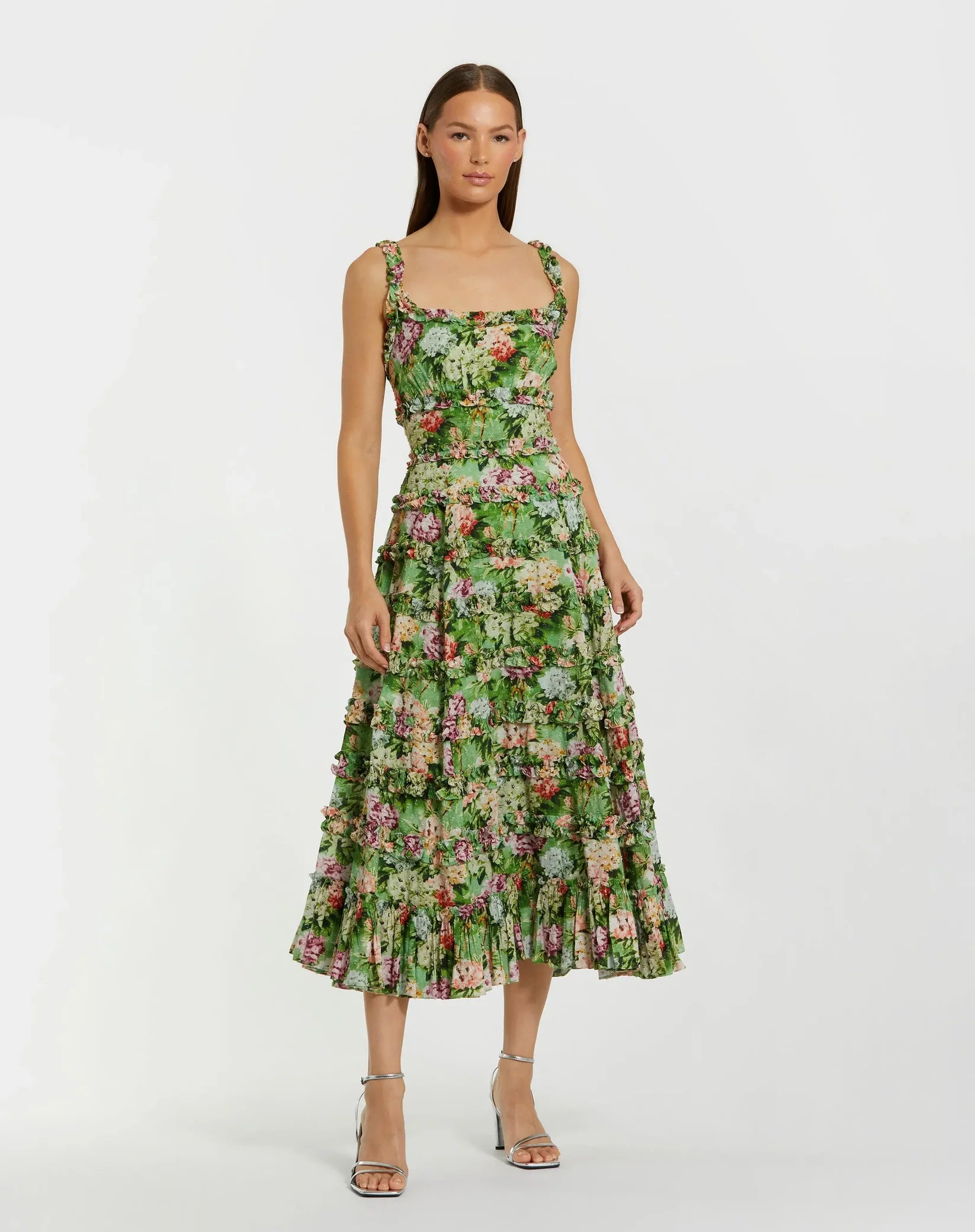 Mac Duggal Green Ruffle Floral Square Neck Midi Dress #8263