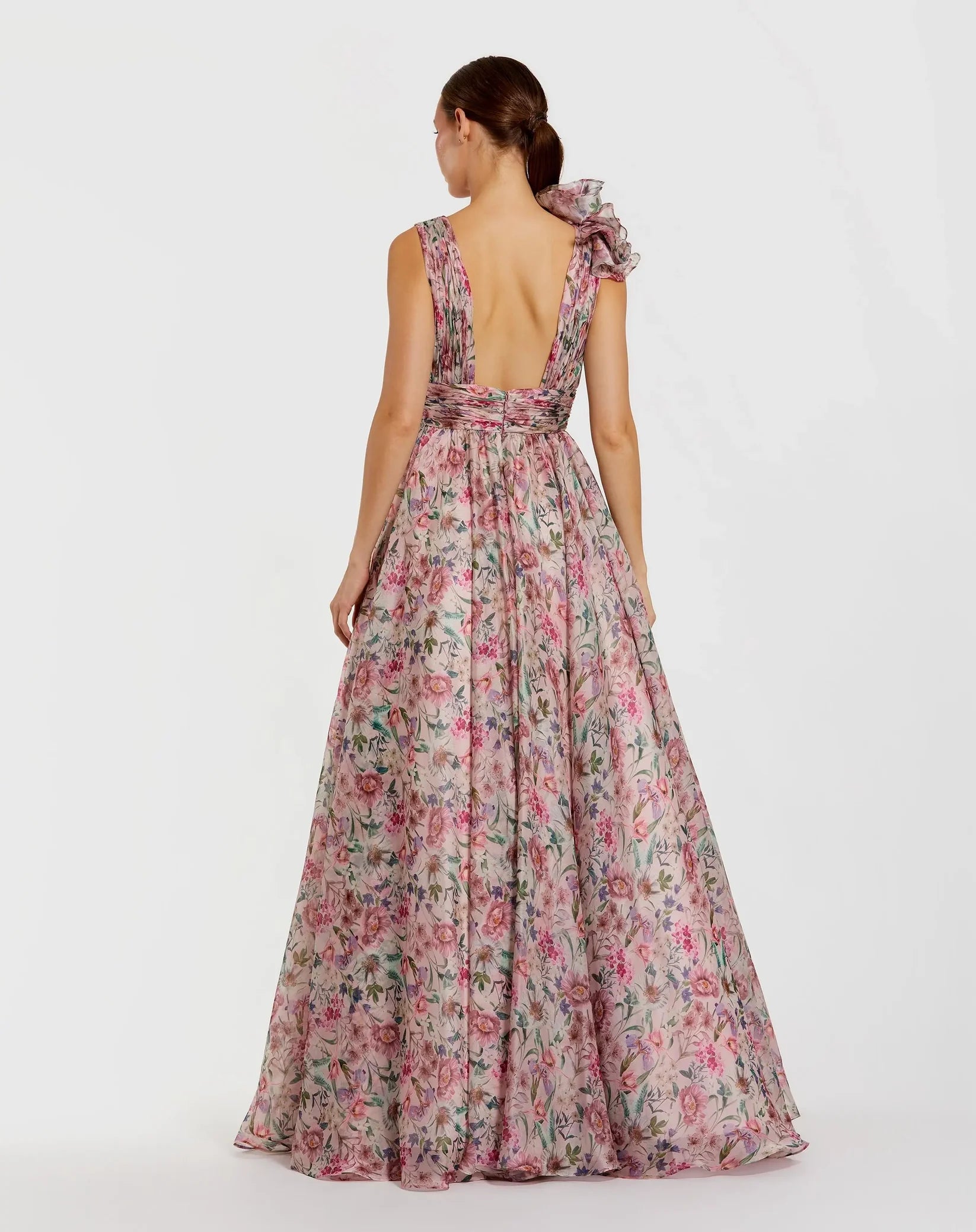 Ruffle Shoulder V-Neck Printed Chiffon Gown - Pink
